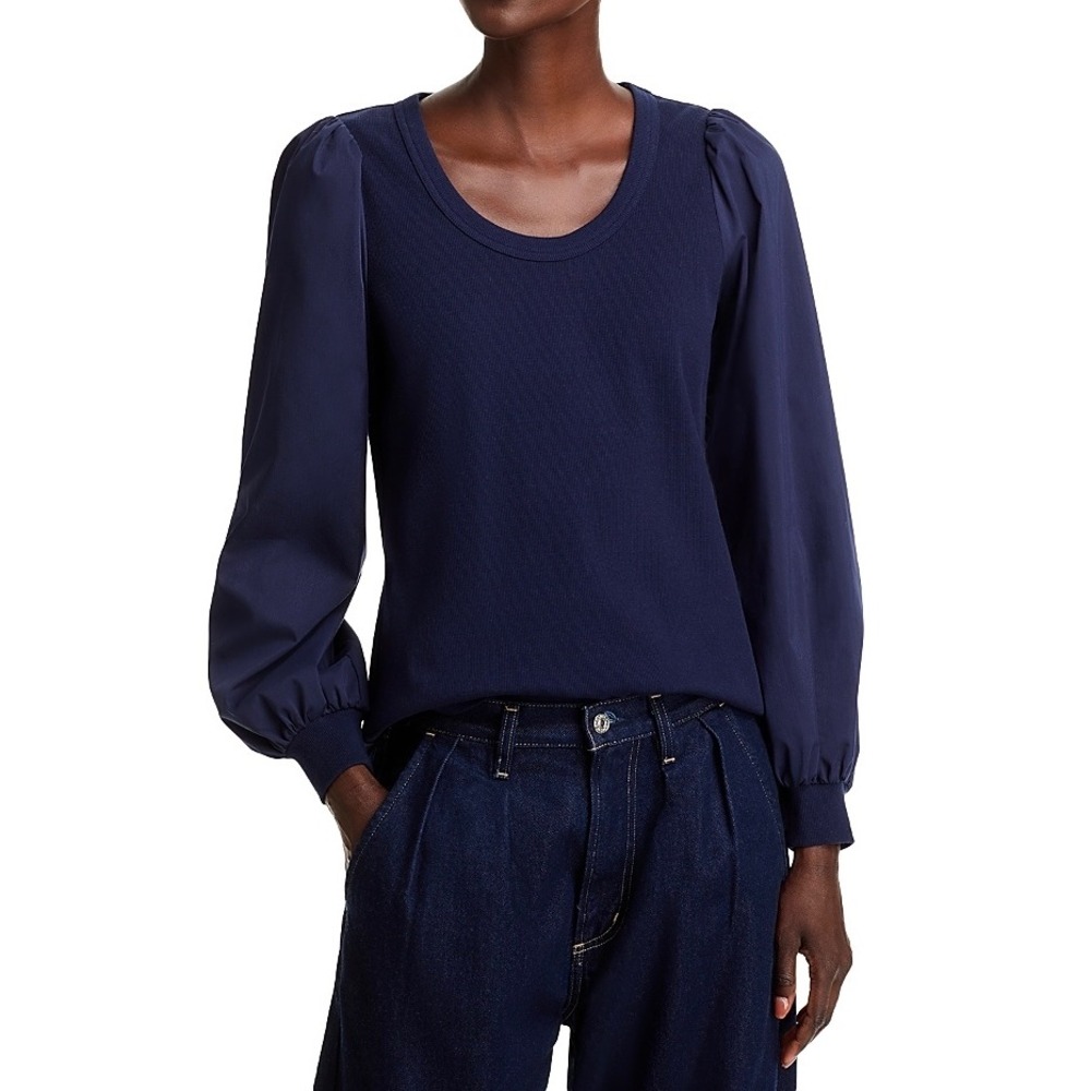 Single Thread Womens Ribbed Mixed Media Puff Sleeve Top Navy XL‎ New